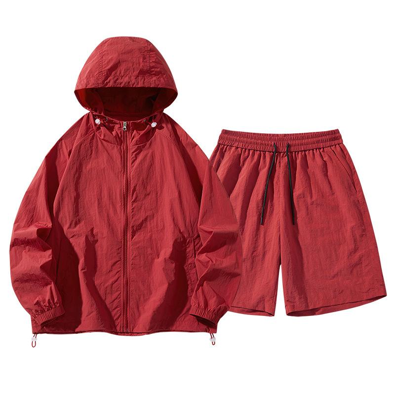 

Youth Solid Color Plus Size Set Summer Casual Sunscreen Jacket+shorts Thin Breathable Sports Two-piece Set 4XL червоний
