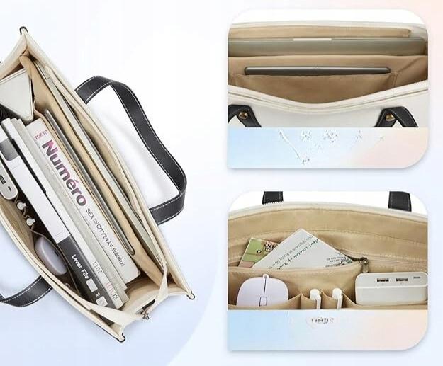 Missnine 15.6 inch laptop bag Large Elegant handbag black and beige