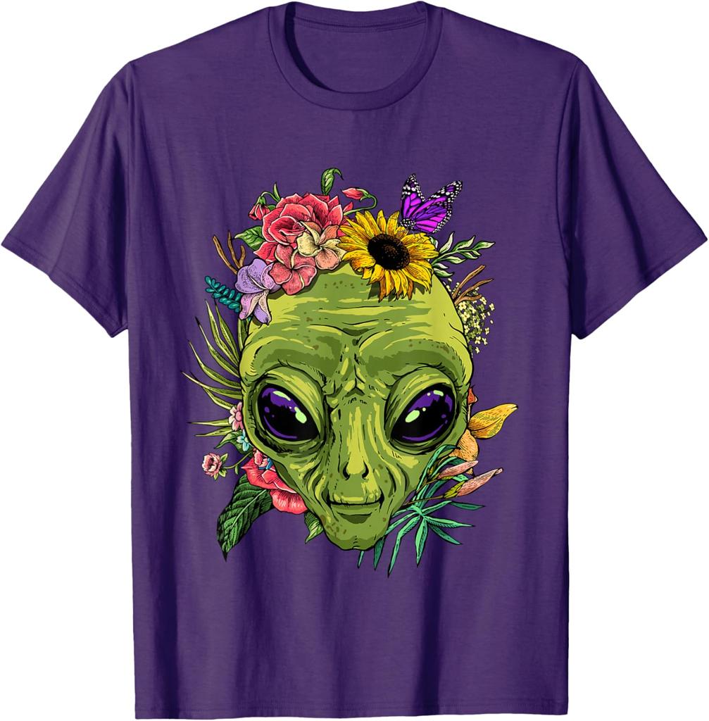 Alien mit Blumen Grafik-T-Shirt Herren Lässig Sommerausflug Rundhals-T-Shirt