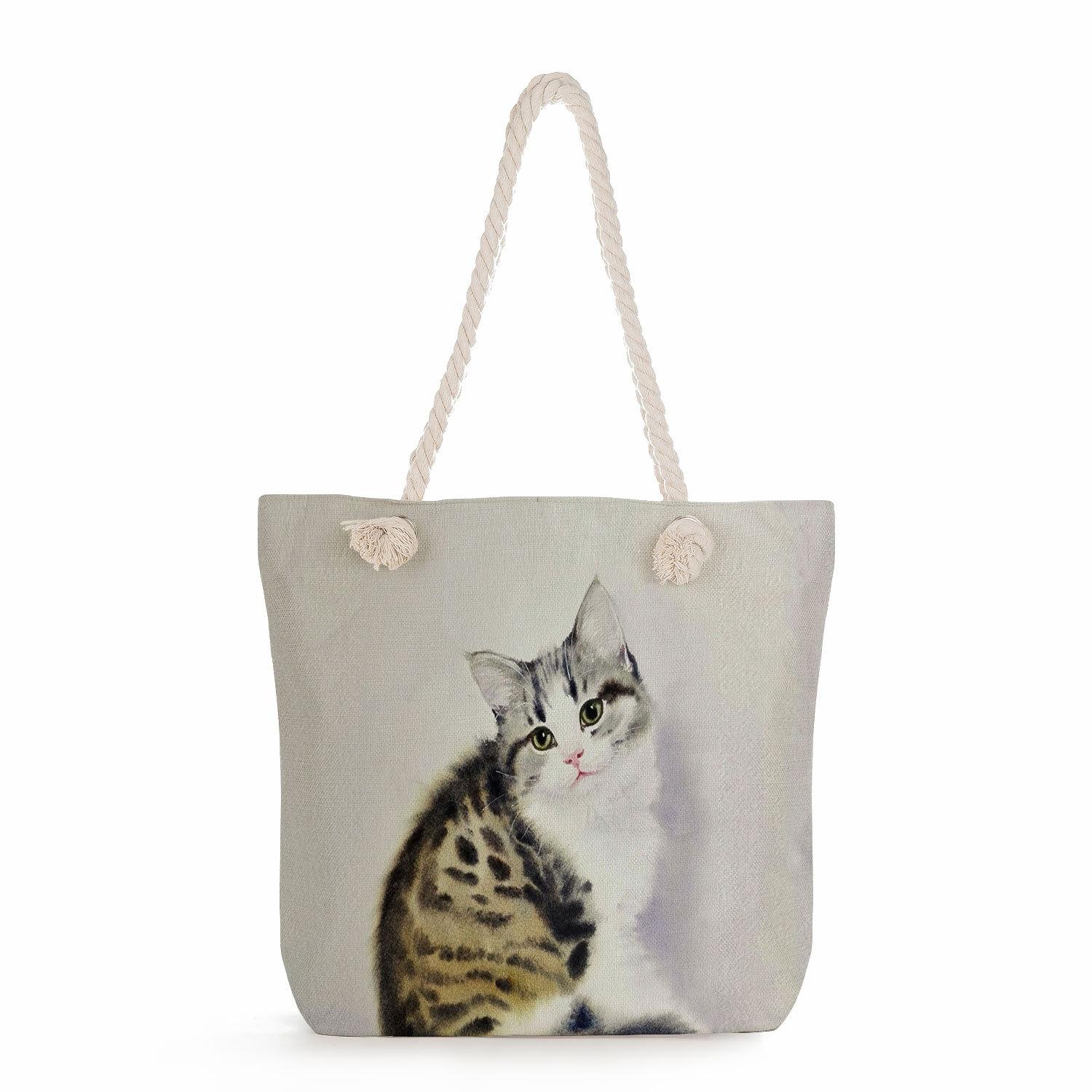 

Cat print thick rope single-shoulder beach bag 7266