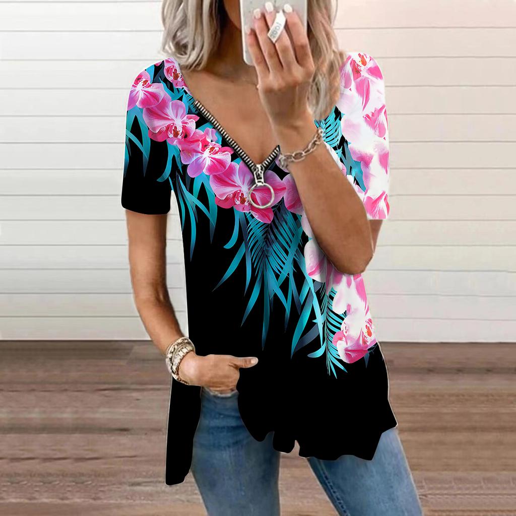 Dámský top Léto Nová móda Modrá Pearl Rose Potištěný Neformální top s výstřihem do V a krátkým rukávem