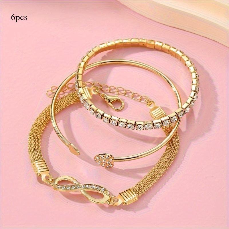 

6pcs Elegant and Exquisite Rhinestone Infinity Symbol Heart Open Bracelet Set, Perfect for Women s Layering, Party, Date Night, or Commuting Gift Brac золотистый