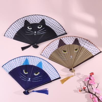 Katt Kinesisk Tecknad Siden Modeabla Japanstil Handfläktar Populär Härlig Kitty Fläkt Handhållen Vikbar Kvinnor Flickor Showfläktar