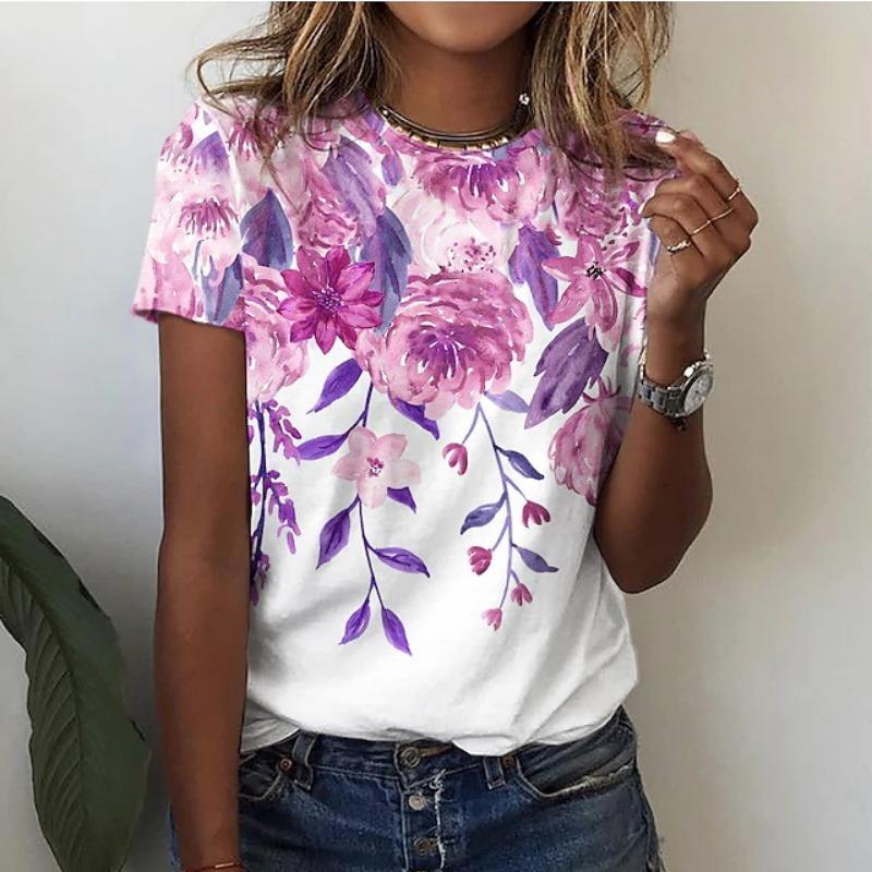 2025 Women's Street Fashion T-shirt Flower 3D Printed Short Sleeve Daily Versatile Casual Loose Round Neck Top Women's Wear