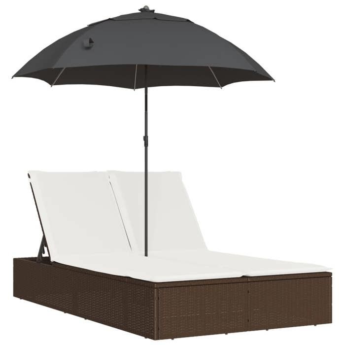 VidaXL Chaise longue double avec coussins et parasol marron poly rotin, transat, lit de jour d'extérieur, lit de jour de 368082
