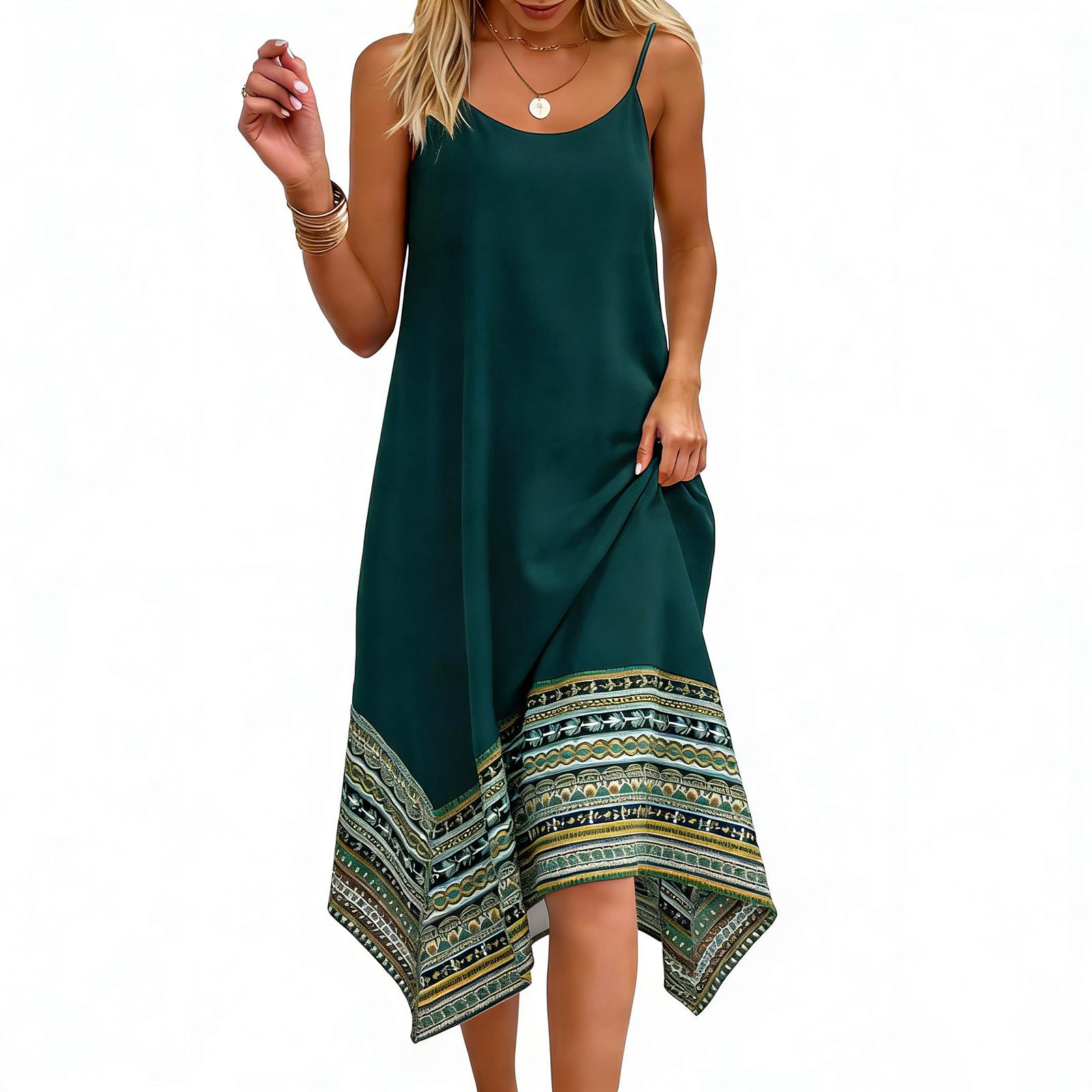 

Ladies Casual Camisole Patchwork Printed Irregular Hem Dress XL зелений