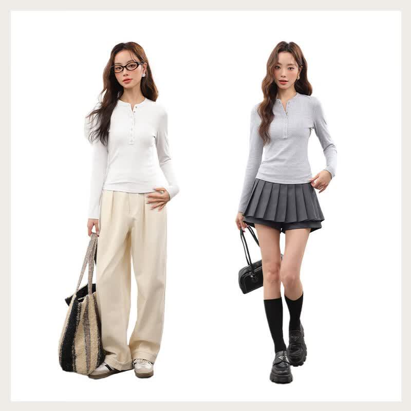 MJ STYLE Women's Ribbed Long-Sleeve Half-Open Top