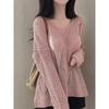 Fashion Thin Long Sleeved Knitted V-neck Women Shirt Loose Solid Color Hollow Out Blouse Casual Simple Covers Up Office Top Women Clothing