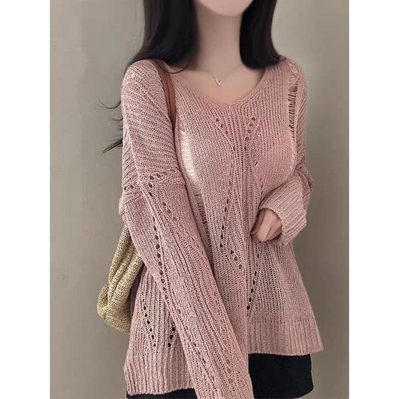 Fashion Thin Long Sleeved Knitted V-neck Women Shirt Loose Solid Color Hollow Out Blouse Casual Simple Covers Up Office Top Women Clothing
