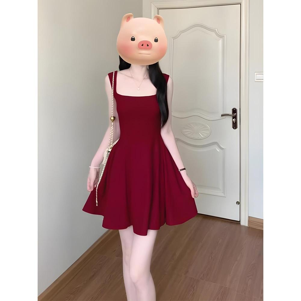 

Новое маленькое французское красное платье на подтяжках летнее повседневное женское платье в стиле королевской сестры с темпераментом и талией, короткая юбка XL- (recommended 110-60kg)