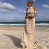 Damen Boho Sexy Rückenfreier Passender Anzug 2-teilig Strandurlaub Outfits Vintage Geraffte Neckholder Cami Tops + Maxi Langer Rock Party