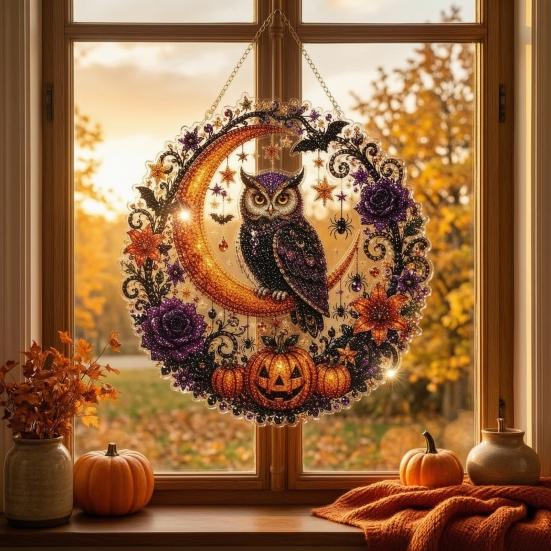 Halloween Diamond Painting Kits Ghost/Owl Art Hanging Ornament Kit, Festive Window Decorations Suncatcher, DIY Pendant Decor Indoor Holiday Decorative