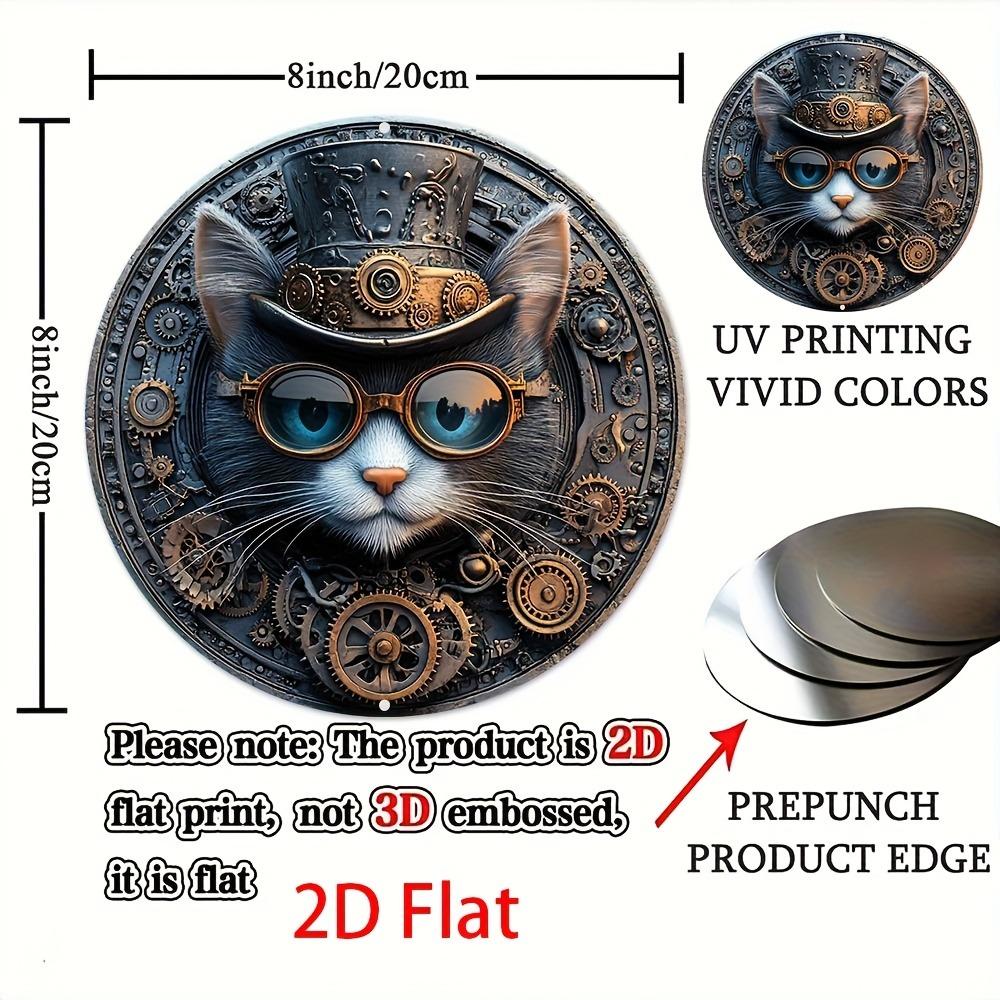 X Round Steampunk Cat Aluminum Art Pc D Flat Vintage Gears Hat Design Kitchen Apartment Decor Mechanical Style