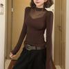 Plus Size Velvet Mesh Patchwork High Neck Long Sleeve Top for Women - Slimming & Versatile Fall/Winter Style for Curvy Figures