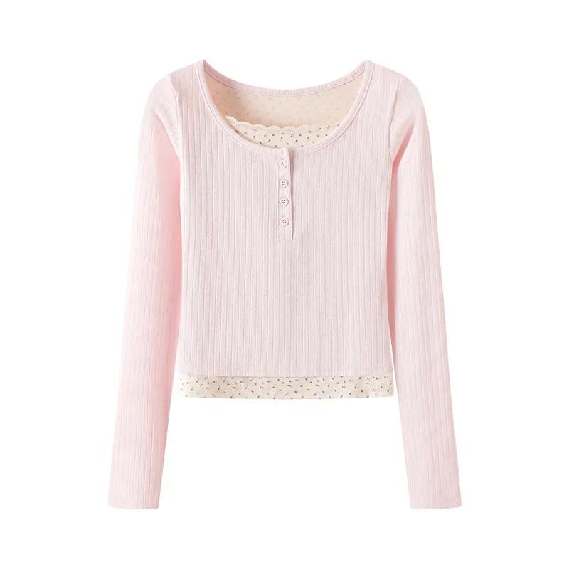 Camiseta de Manga Larga para Mujer Primavera y Otoño Estilo Francés Ajustada Ropa de Mujer con Falso Dos Encaje Y2k
