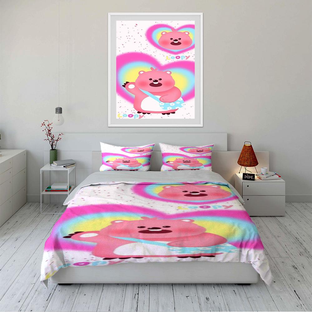 Pink Bear Print Bedding Set With Rainbow Bedding set (1 duvet cover, 2 pillowcases, duvet not included)