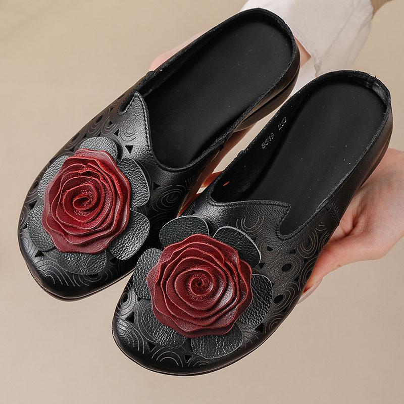 Fashion 2025 Big flower cow leather sandals womens summer cut out mules low heels woman retro luxury slipper sandals lady slip on shoes