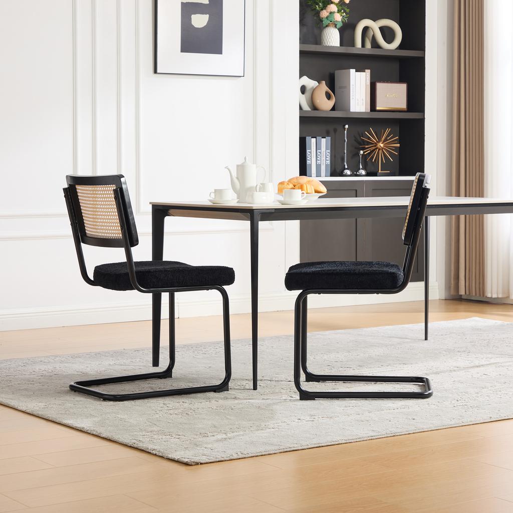 Modern Rattan Dining Chair with Black Metal Frame, Synthetic Cane Back & Chenille Seat Cushion for Kitchen, Living Room, Bedroom-Black