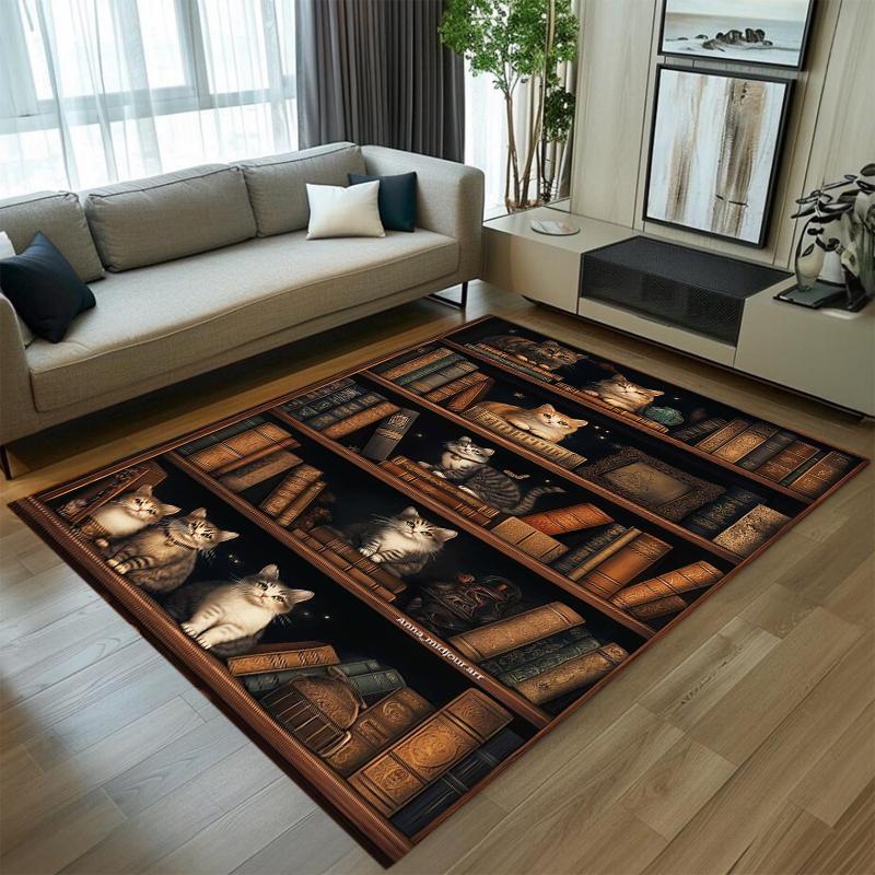 Retro Literary Bookshelf Rug Owl & Antique Book Print Non-slip Soft Stylish Mat for Home Study Living Room Decor