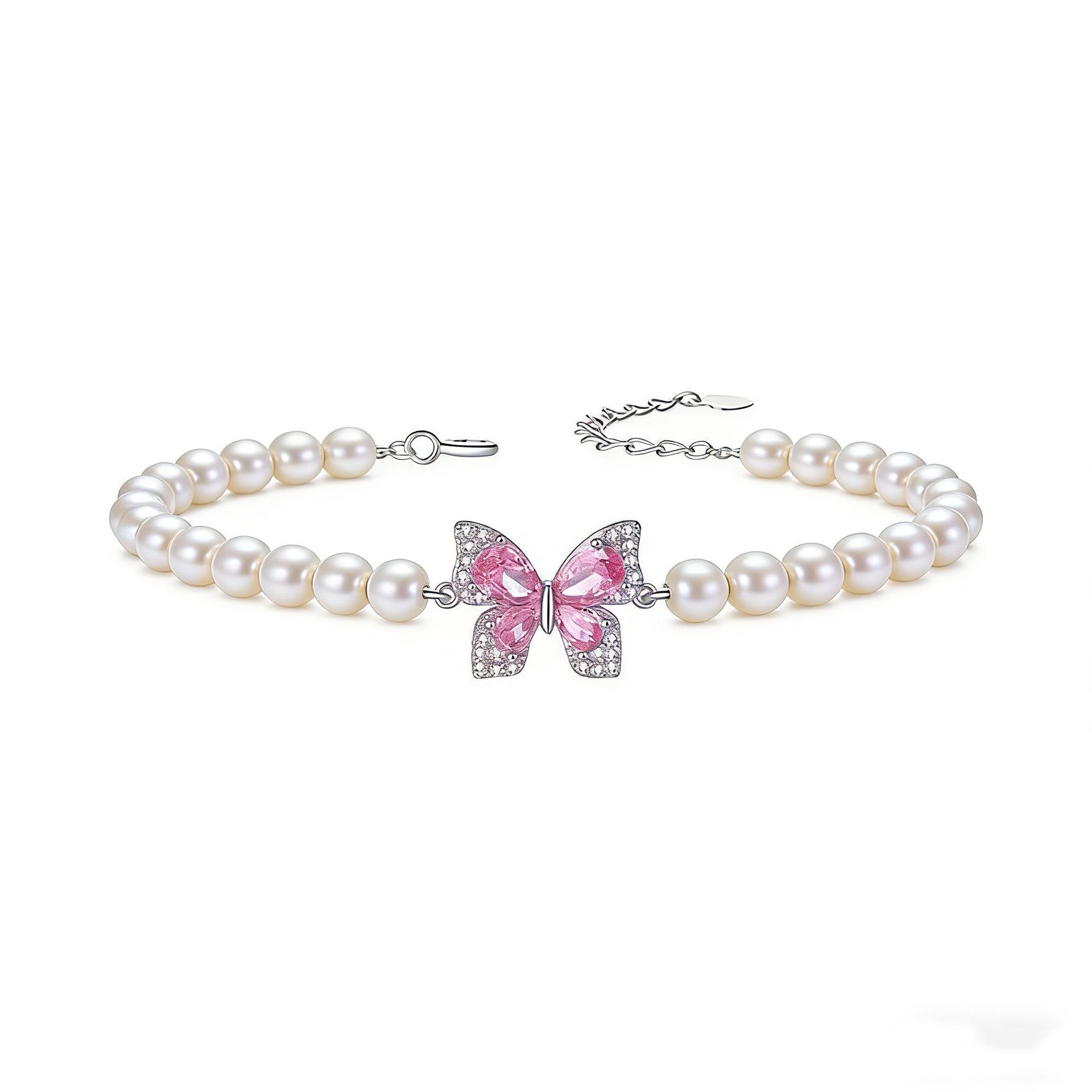 Elegant S925 Sterling Silver Butterfly Pearl Bracelet with Pink Blue Zircon Silver S925