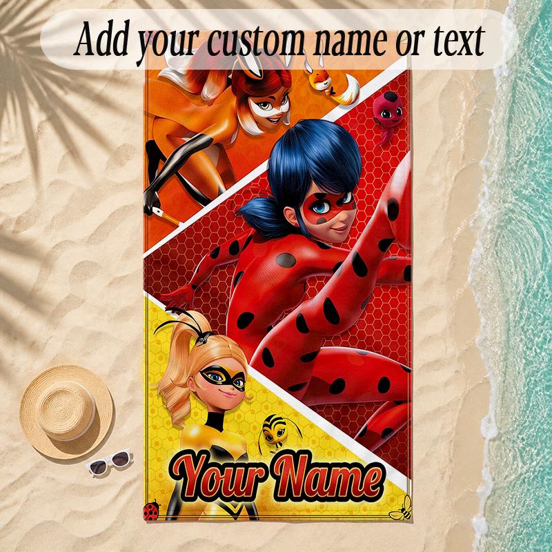 Beach TowelMiraculous Ladybug Custom Name Text Personalized Soft Towel for Beach Pool Indoor Home Decor Gift