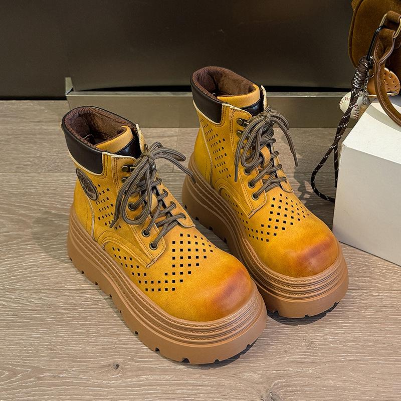 Thick-soled hollow rhubarb boots women's 2025 summer new heightening Martin boots small super fire outdoor western short boots