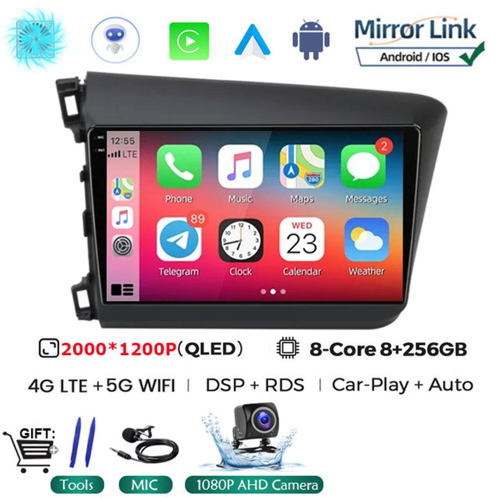 9" 2 Din Android 14 Car Radio for Honda Civic 2012 2013 2014 2015 Multimedia Player 2din Carplay Stereo GPS DVD Head Unit NO DVD