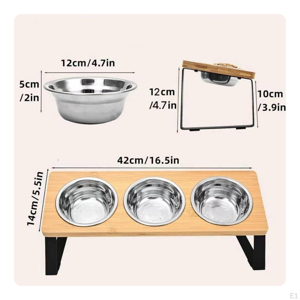 Raised Pet Bowl Stand with Stainless Steel Bowls Wooden Feeder Three