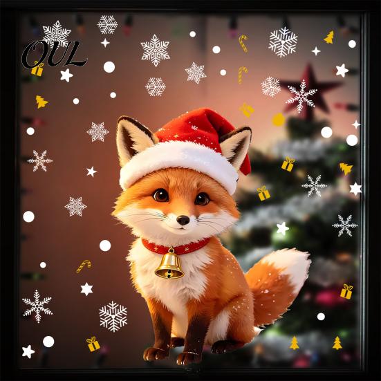 Creative Winter Theme Window Art Christmas Cute Fox Static Clings, Santa Hat Snowflake Gift Tree Easy Install Glass Decals Decals, Self-Adhesive