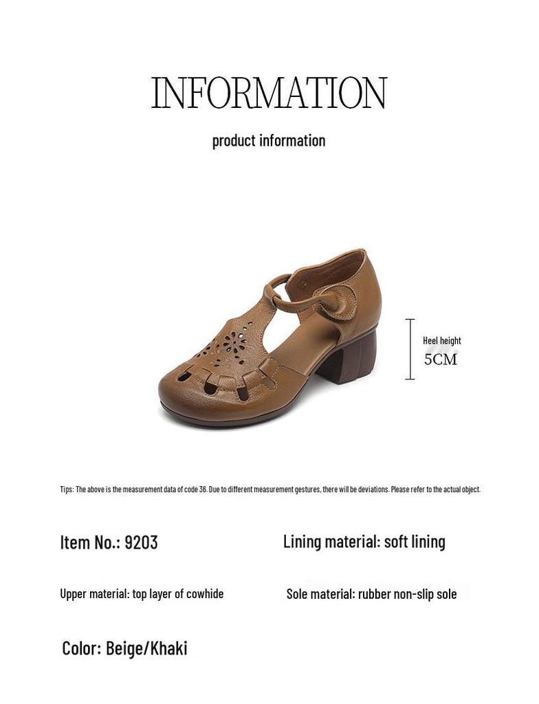 2026 Summer Women's Chunky Heel Leather Sandals - Soft Sole, Retro Hollow-Out Design