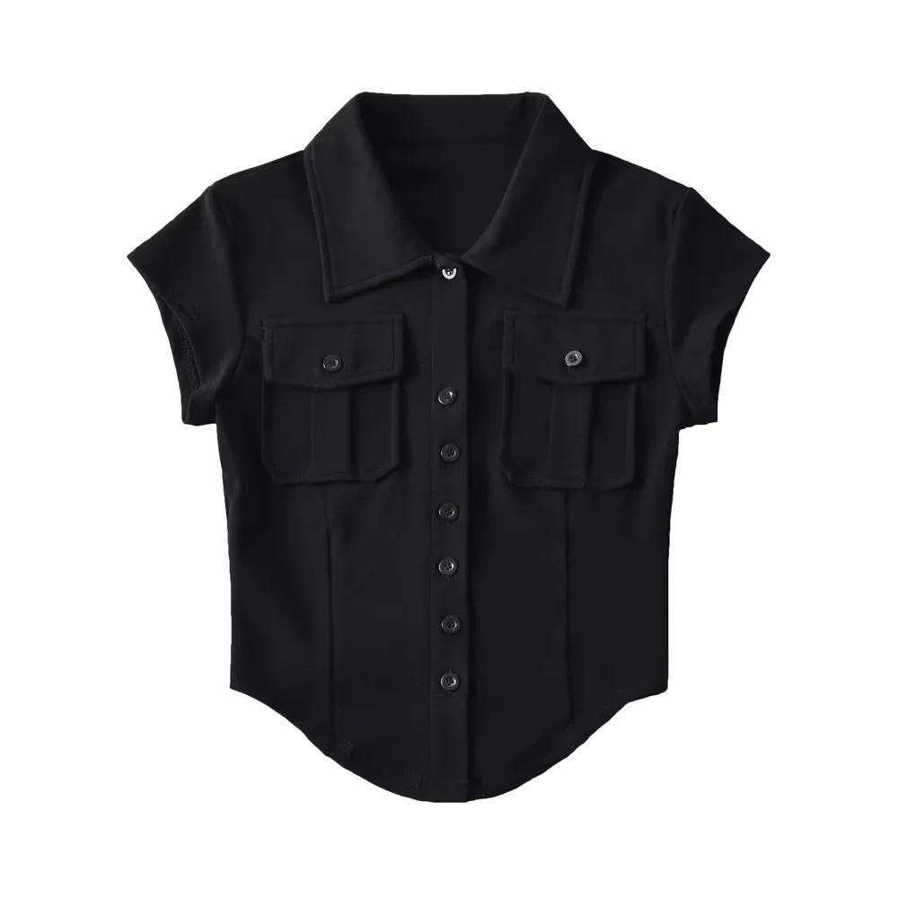 Double Pocket POLO Collar Short Sleeved Women'S New Curved Hem Irregular Top Single Breasted T-Shirt