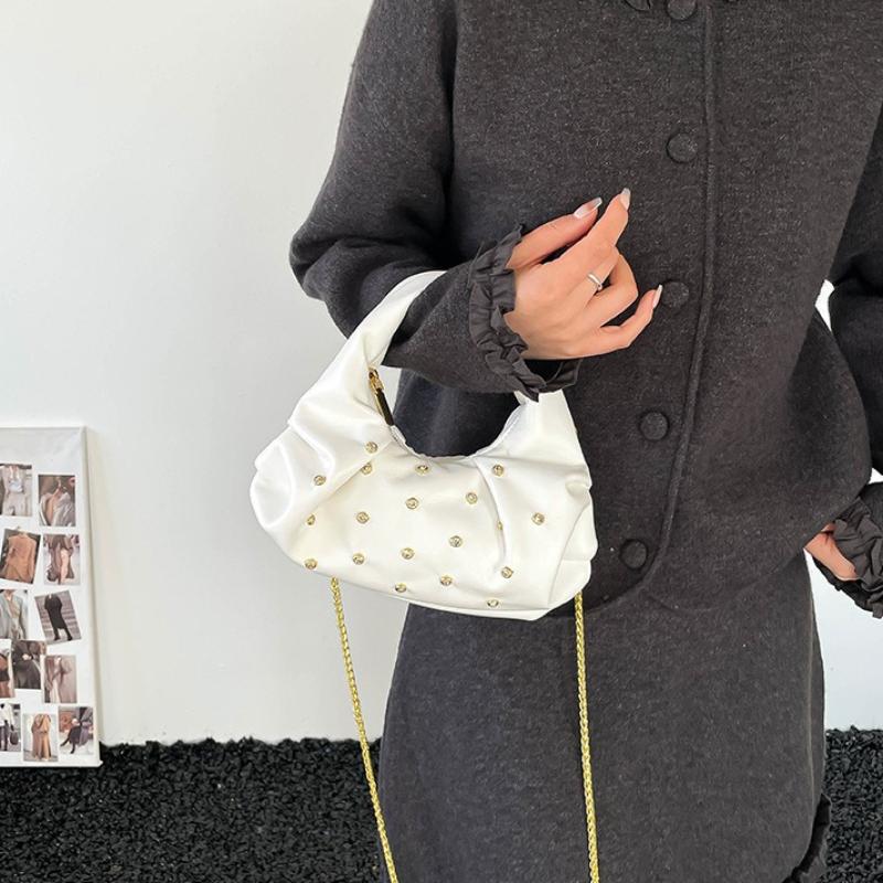Vintage Rivet Design PU Shoulder Bags for Women Solid Color Ladies Chain Crossbody Bag Simple Girls Hobos Handbags Phe Clutch