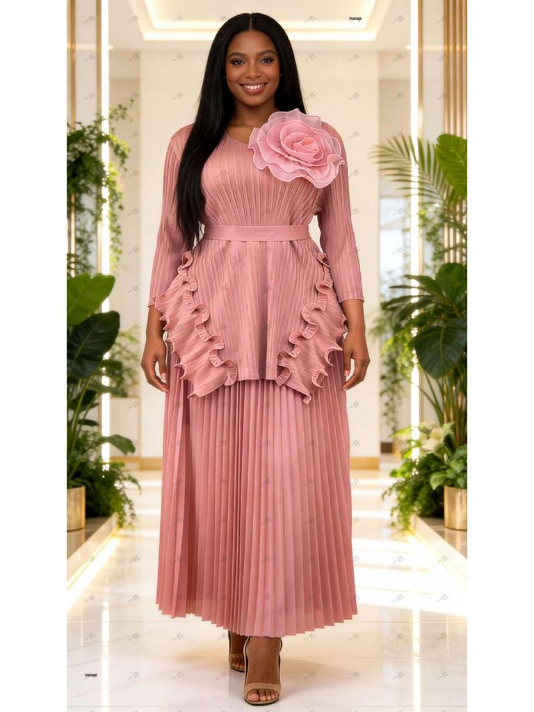 Miyake Plus Size African-Inspired Pleated Ruffle Irregular Two-Piece Set - Women's Fashion