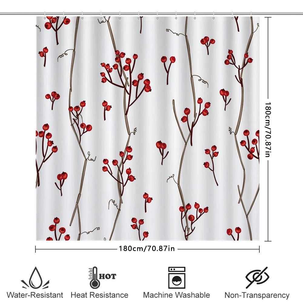 Red Berry Shower Curtain Decor Modern White Fabric With Branches Print Perfect Bathroom Accent For Home Decoration