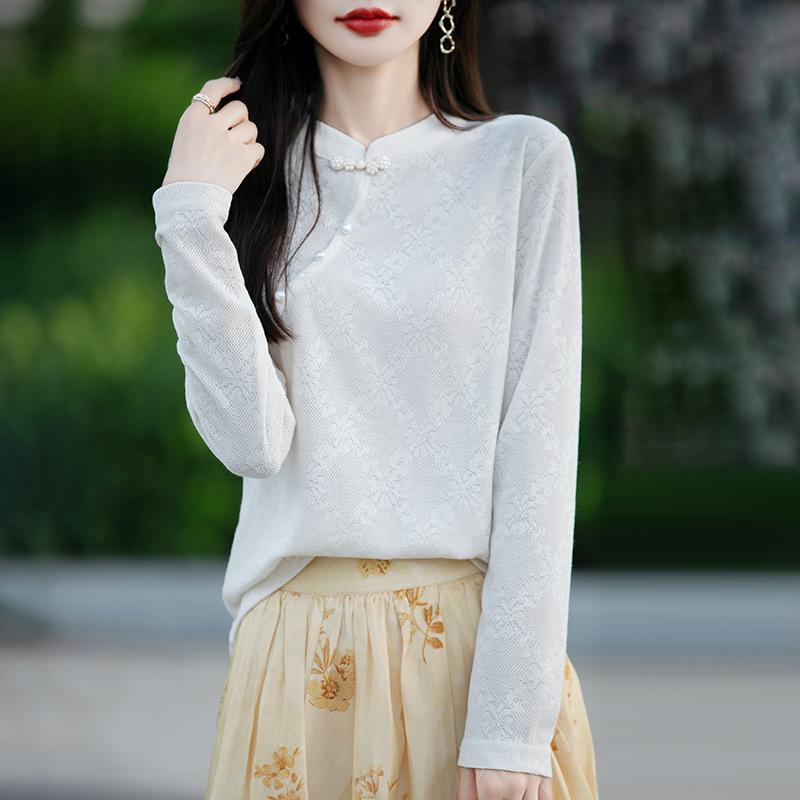 Autumn and Winter New Chinese Plate Button Knitted Top Women's Tops Soft Retro Bottom Shirt