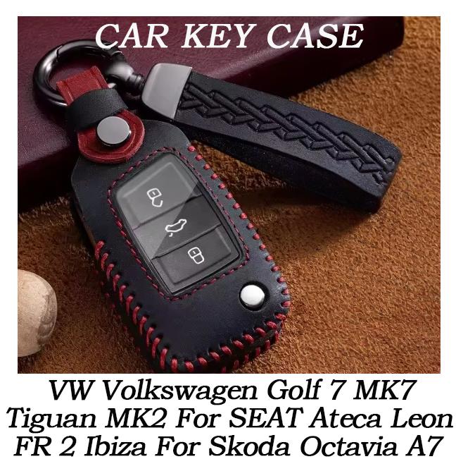 Leather Car Folding Key Case Cover for VW Volkswagen Golf 7 MK7 Tiguan MK2 For SEAT Ateca Leon FR 2 Ibiza For Skoda Octavia A7