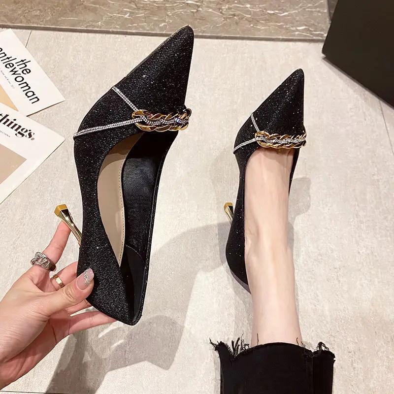 Formal Luxury Leather Casual Pointed Toe Shoes For Women 2025 On Heeled Pumps Black Ladies Summer Footwear High Heels Vacation A