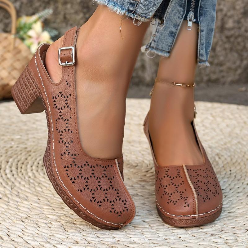 Fashion Plus Size Round Toe Shallow Mouth Cutout One Strap High Heels Summer New Baotou Waterproof Taiwanese Square Heel Sandals