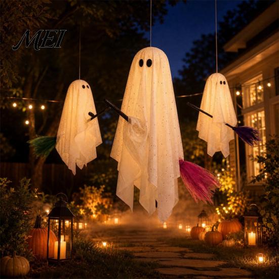 Hanging Ceiling Party Accents 3 Pcs Halloween Ghost Decorations, Spooky with Broom, Outdoor Seasonal Supplies Large Flying White for Tree Porch