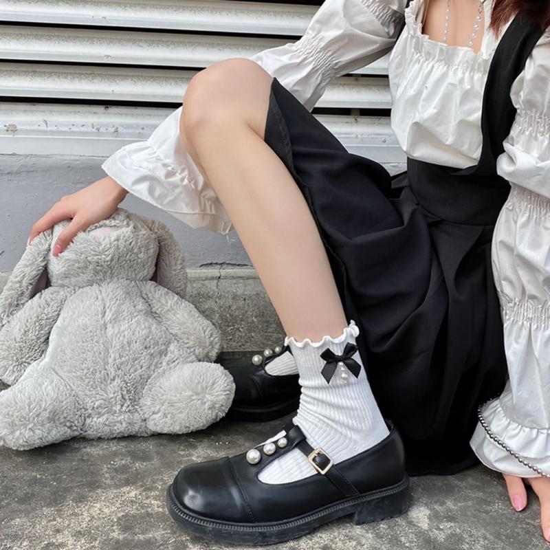 Fashion Harajuku Middle Tube Frilly Socks Women Girls School Student Cute Pearls Bowknot Ruffke Trim Cotton Ankle Socks