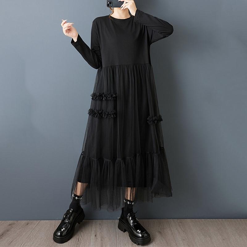 

Платье женское повседневное свободное весенне-осеннее винтажное из черной сетки больших размеров с длинным рукавом