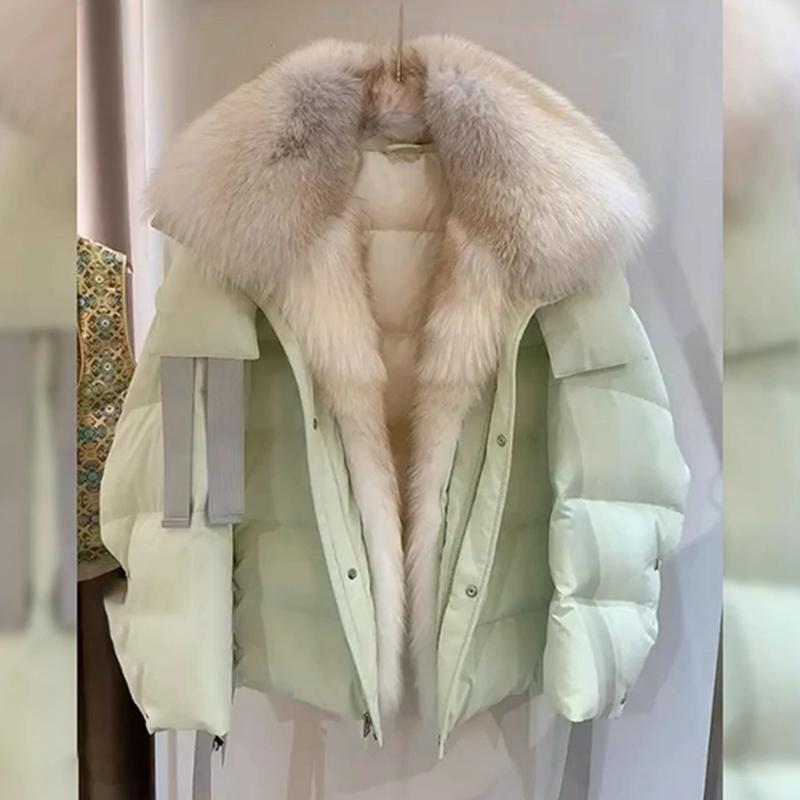 Winter Green Short Detachable Faux Fur Coat Women Down Jacket High End Fashionable Outerwear