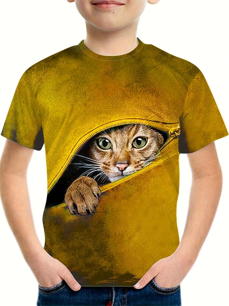 Boy's Zipper Cat Graphic Kids's T-shirt Fashion Short Sleeve Tops Boy Girl T-shirt Animal 3D Printed Summer Children's Clothing