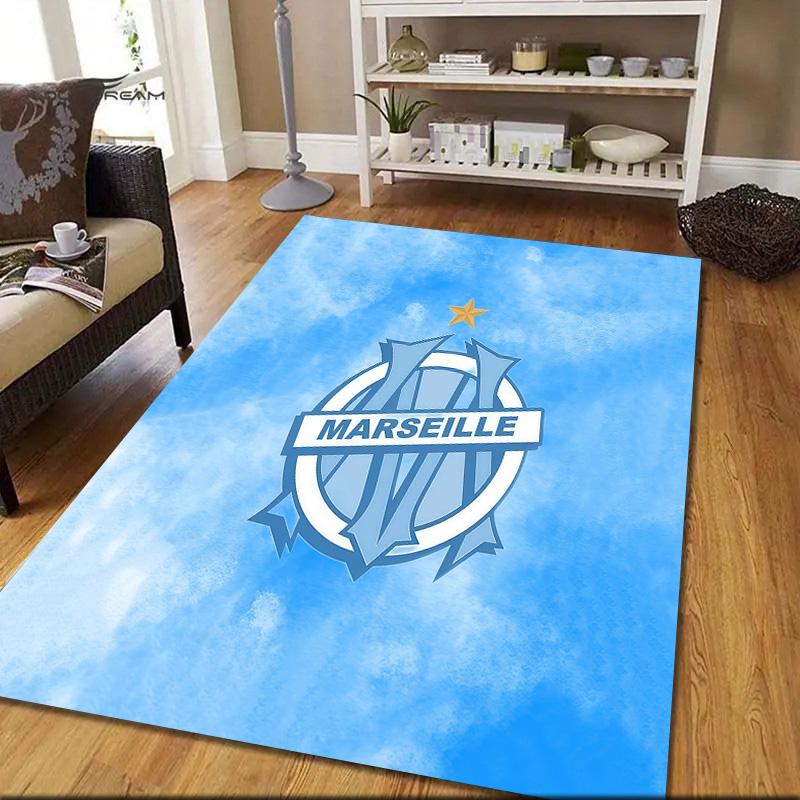 Olympique De Marseille Flannel Pattern Square Carpet,Area Rug,Carpet Rug for Living Room Bedroom Sofa Playroom Decor,Non-slip Floor Mat