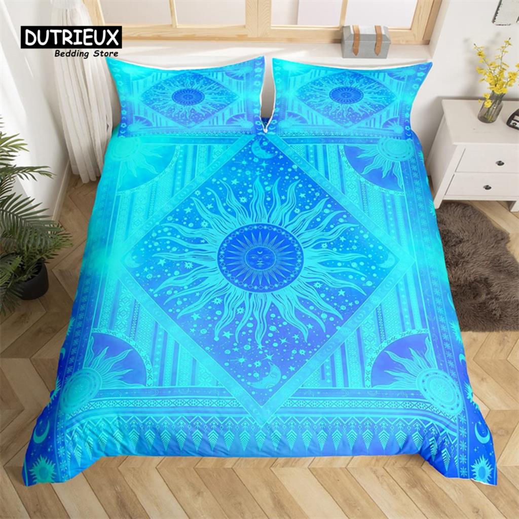 Comforter Sun And Moon King Queen Starry Sky Galaxy Trippy Bedding Set For Kids Adults Microfiber Boho Geometric