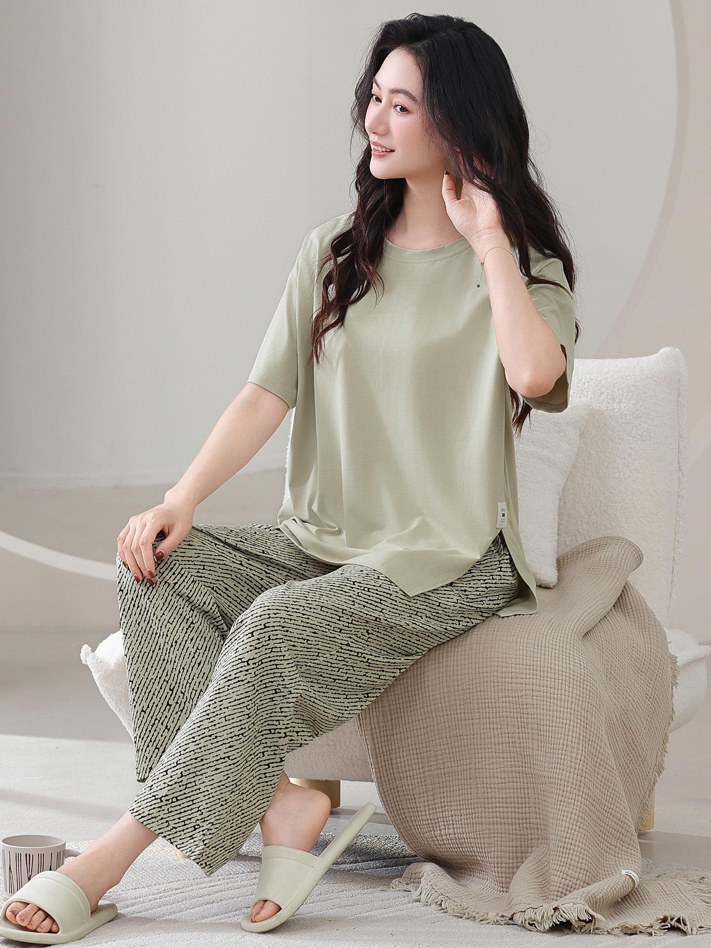 

Женская летняя хлопковая пижама большого размера со встроенным бюстгальтером, подходит для улицы, с коротким рукавом, домашняя одежда XL (60-70 kg)