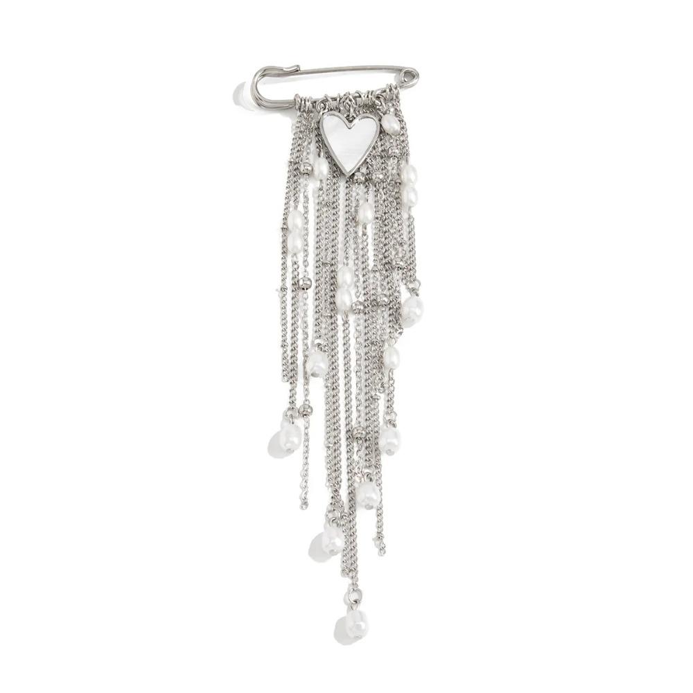 Multi Functional Imitation Pearl Heart Pendant Brooches Creative Tassel Chain Suit Pants Pins Brooch Fashion Clothes Decoration