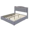 Cama Estofada 160*200 cm, Mesa de Cabeceira com Porta de Carregamento USB e Prateleira, Cama de Casal Plana com 4 Gavetas, Tecido de Linho Cinza