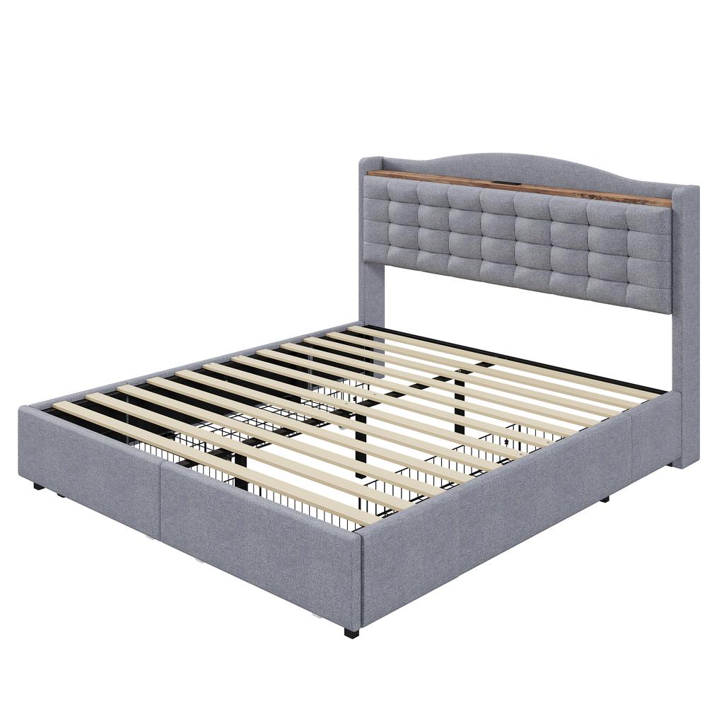 Cama Estofada 160*200 cm, Mesa de Cabeceira com Porta de Carregamento USB e Prateleira, Cama de Casal Plana com 4 Gavetas, Tecido de Linho Cinza