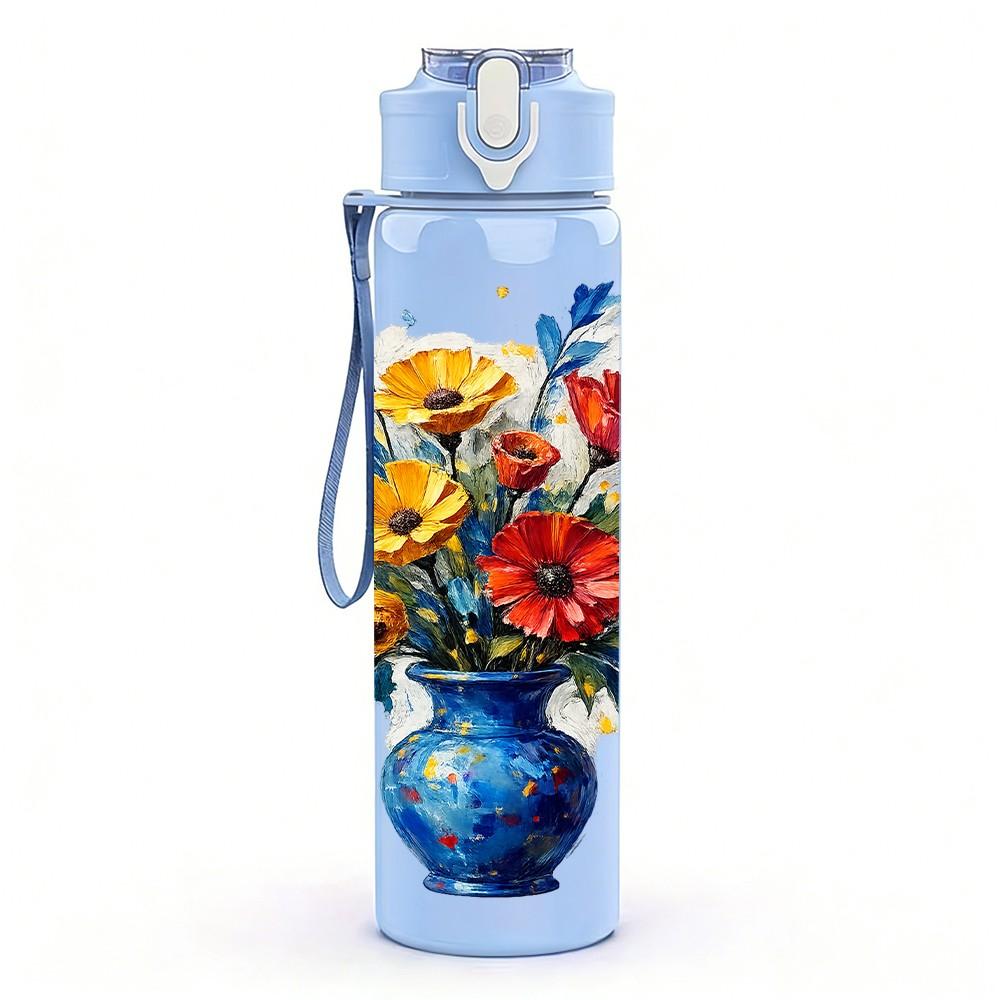 1PC Vase Bright Spring Bouquet 750ml Color Plastic Sports Water Bottle Leakproof Flip Straw Lid Suitable for Sports Office Home Use